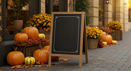 Mockup of blank chalkboard menu sign on city sidewalk, pumpkins, autumn leaves, front of restaurant background - seasonal menu, special offer, business advertising, promotion, template, display, space