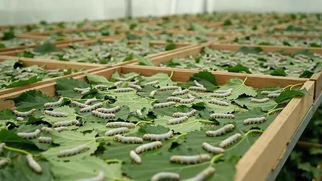 Silkworms on Mulberry Leaves in Wooden Frames Agriculture Farm with Rows of Healthy Silk Worms on Green Leaves Under Soft Light for Silk Production and Quality Control in Processing Industry
