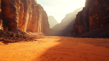 A sunlit red desert canyon with crisp shadows and ochre sand under a pale sky 
