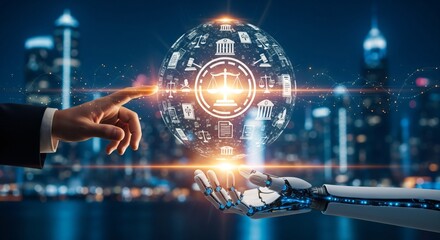 AI law: Human hand and robot arm touch legal global network.