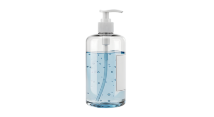 Botol Sanitizer Dengan Cairan Biru, Sanitasi