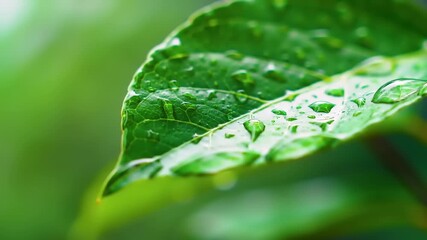 Macro close-up of vibrant green leaf covered in glistening rain drops - Powered by Adobe