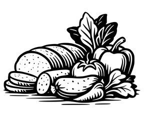 Fresh vegetables and bread composition. Black illustration with tomatoes, peppers, cucumber, lettuce, sliced bread. Perfect for healthy food, organic produce, farmers market, nutrition conce