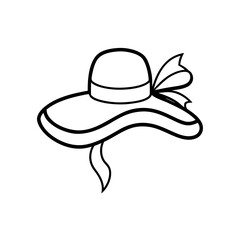 Illustration of a wide brimmed hat with a ribbon on the side in outline