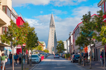 Reykjavik with Hallgrimskirkja (Church of Iceland) as seen from Skolavordustigur street 