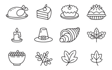 Thanksgiving line icon set. Thanksgiving line art food icon set