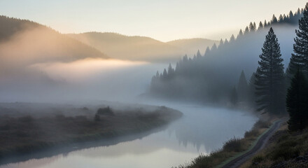 Fototapeta premium A tranquil river meanders through a misty valley at dawn, with fog blanketing the water and trees, creating a serene and peaceful landscape