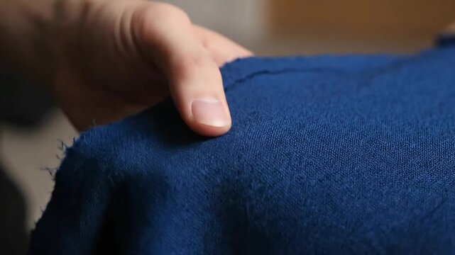 Close up of Hand Touching Dark Blue Fabric Texture Examination in Natural Light Textile Analysis Material Inspection Quality Control Apparel Design Soft Focus Material Science