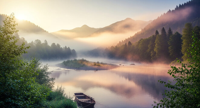 A serene morning scene captures a tranquil lake surrounded by lush green trees and mistcovered mountains, with a small boat gently floating on the water