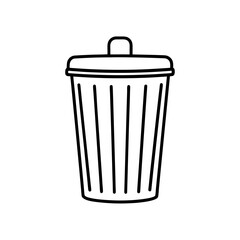 Illustration of a black and white trash can with a lid in outline style