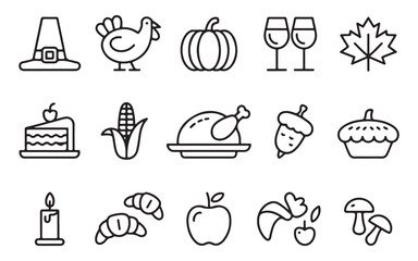 Thanksgiving line icon set. Thanksgiving line art food icon set