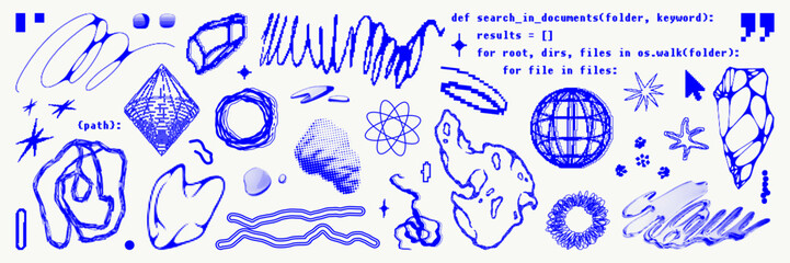 Graphic geometric shape asset pack. Pixelated, bitmap abstract figures and pattern. Trendy y2k 00s retro futuristic designs for posters, clothing and sticker.