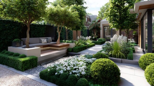Stylish garden design featuring greenery, seating area, and pathways in a modern outdoor space during daylight