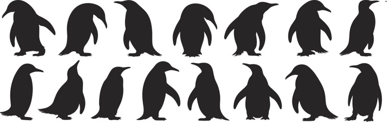 Fototapeta premium Penguin silhouette collection, black bird shapes, Antarctic wildlife illustration, penguin clipart, animal design, nature graphic art