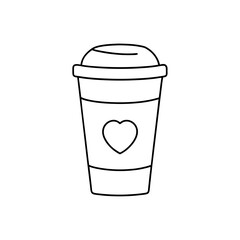 Outline drawing of a coffee cup with a heart shape on the side of the cup