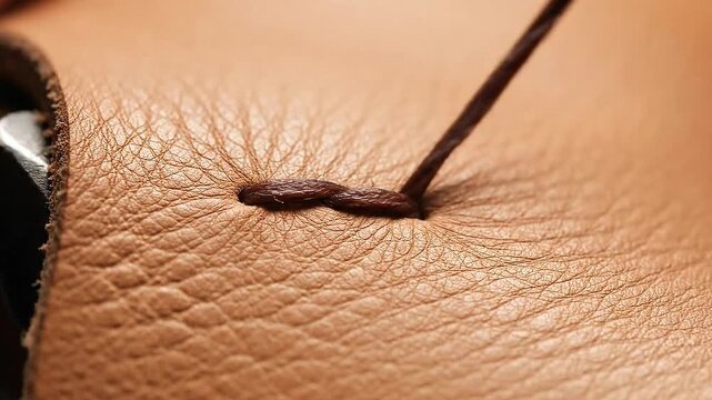 Close Up Stitching Brown Leather with Dark Brown Thread Handcrafting Seam Detail and Warm Lighting for Manufacturing Corporate Presentations and Advertising Campaigning Projects Crafts 198 Characters