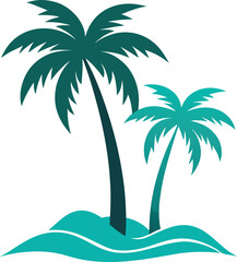 Vector art of two teal palm trees on a sandy island with waves, a simple graphic illustration