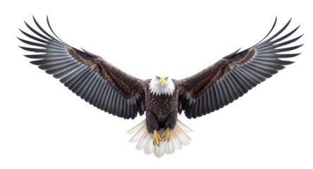 Naklejka premium Bald eagle soars, wings outstretched, isolated against a clean white background