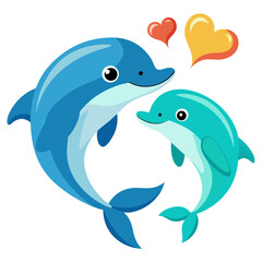 Naklejka premium Two dolphins in love with hearts on a white background