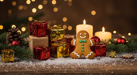 Gingerbread man cookie with gifts, candles and christmas decorations on table.