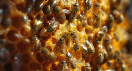 Bees crowd a honeycomb, the focus blurred for many of the insects