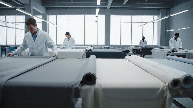 Fabric Inspection Team Working in Bright White Textile Factory Rolls of Gray Fabric on Tables Under Fluorescent Lights Quality Control in Textile Industry for Fashion and Furnishings
