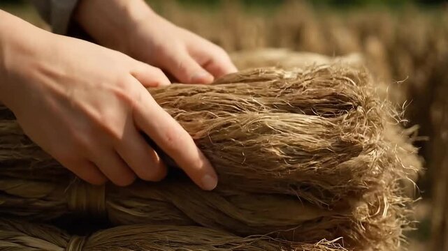 Hands Gently Arranging Bundles of Raw Flax Fiber Displaying the Natural Brown Tones and Delicate Texture Against a Blurred Green Field Backdrop for Agricultural and Textile Industry Concepts