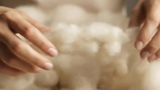 Hands Gently Teasing Soft White Cotton Wool Revealing Fluffy Texture in a Macro Close Up View for Textile Production and Manufacturing Process Industry Concepts Under a Warm Neutral Lighting