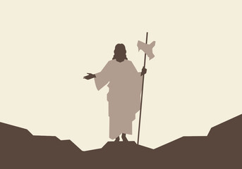 Jesus Christ silhouette with staff and dove symbol of Holy Spirit.