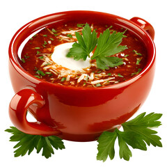 Delicious red soup in a red bowl with herbs and cream isolated