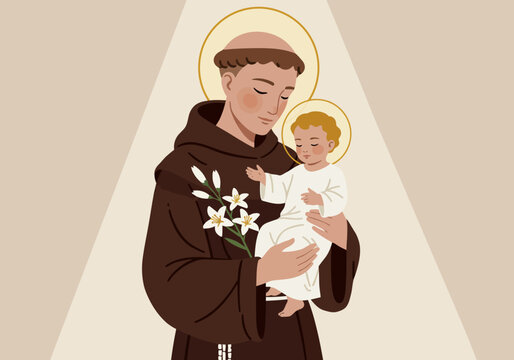 Saint Anthony of Padua holding baby Jesus with lilies and halo.
