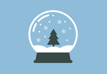 Snow globe with Christmas tree and falling snowflakes.