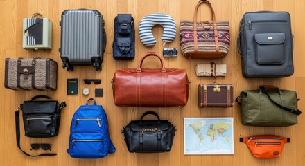 Various travel bags including hard and soft luggage duffels and backpacks are neatly arranged with accessories like a neck pillow camera eyewear and a map on wood