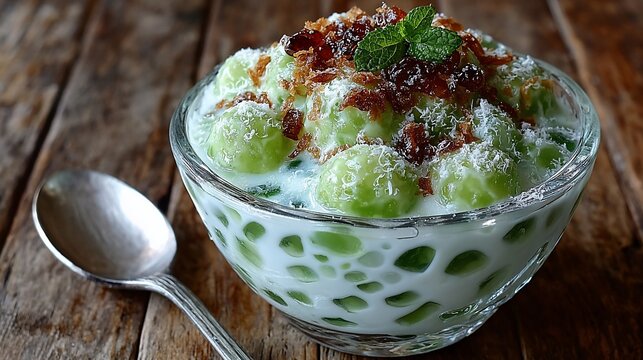 Delicious Bua Loy Dessert Bowl Close-Up Presentation on Wooden Table Surface Refreshing Culinary