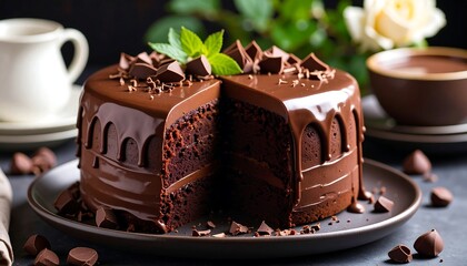 Rich chocolate layer cake with glossy ganache drip