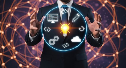 Businessman presents tech innovation with glowing light bulb concept.