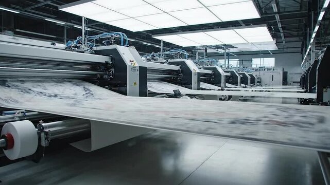 Automated Printing Machines Processing White Material in a Bright Industrial Facility Featuring High Tech Equipment Conveyor Systems and Clean Modern Design for Manufacturing and Textile Production