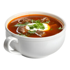 Hearty beef stew with sour cream and parsley in a white bowl on transparent background