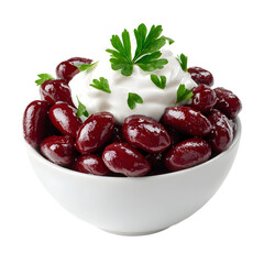Kidney beans in white bowl with sour cream and parsley against transparent background