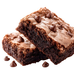 Chocolate brownie squares with chocolate chips isolated on transparent background