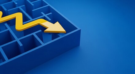 Yellow arrow navigates blue maze, showing path to success and strategy