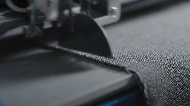 Close Up of Industrial Sewing Machine Stitching Dark Grey Fabric with Precision Under Bright Lighting in a Factory Sewing Linen Material on Production Line Sewing Machine Tailoring and Manufacturing
