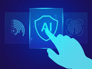 Artificial Intelligence with hologram human Pointing or touching finger in screen Data Visualization Hologram Dashboard blue light effect on dark blue background vector design concept for advance tech