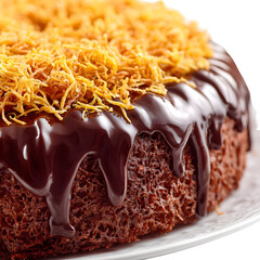 Delicious chocolate cake with caramel topping isolated on transparent background