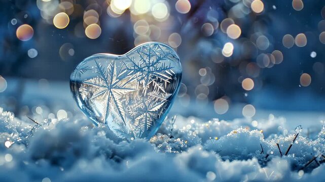 This stunning abstract video features a frozen heart encased in ice, set against a snowy landscape. The beautiful bokeh lights enhance the romantic feel, perfect for valentine's day greeting video