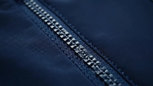 Extreme Close Up of Navy Blue Fabric with Metal Zipper Teeth Texture Material Stitching Detail Smooth Surface Background of Clothing Garment Apparel Textile Design Element