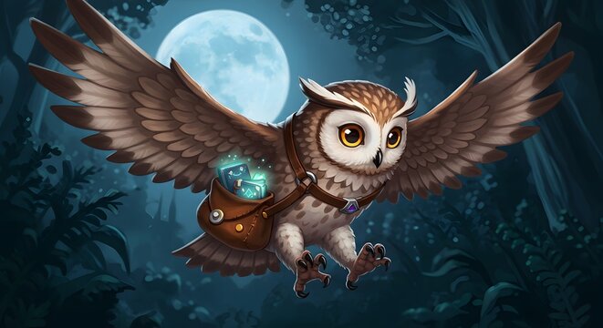 A wise, majestic owl in an enchanted satchel filled with glowing spellbooks flies through a moonlit forest, delivering magical mail