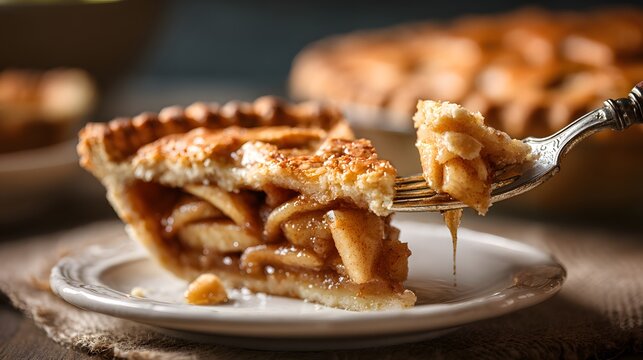 American apple pie slice cut with fork, golden crust and filling visible, rustic background with copy space 