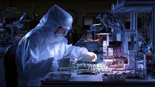 Technician in a clean suit focuses on high-accuracy tasks involving microelectronics within a tightly regulated environment.