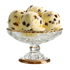 Vanilla ice cream scoops in a decorative glass bowl with chocolate chips against a transparent background